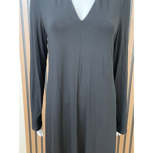 Eileen Fisher Women's M Black Dress Rayon Shift Midi Cocktail Travel Minimalist - Picture 3 of 12